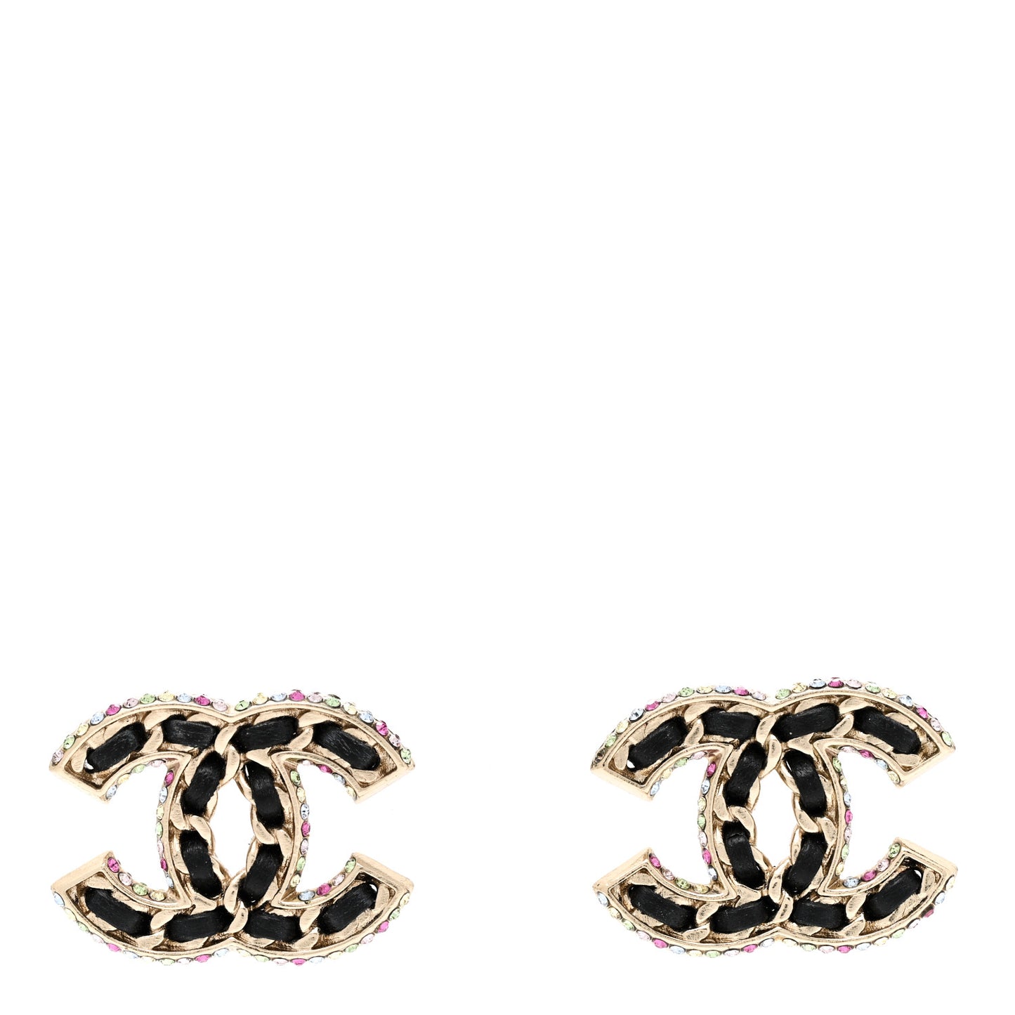 Lambskin Crystal CC Chain Earrings Black Gold Multicolor