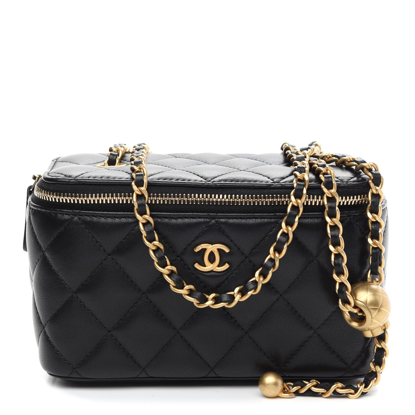 Lambskin Quilted Small Pearl Crush Vanity Case With Chain Black