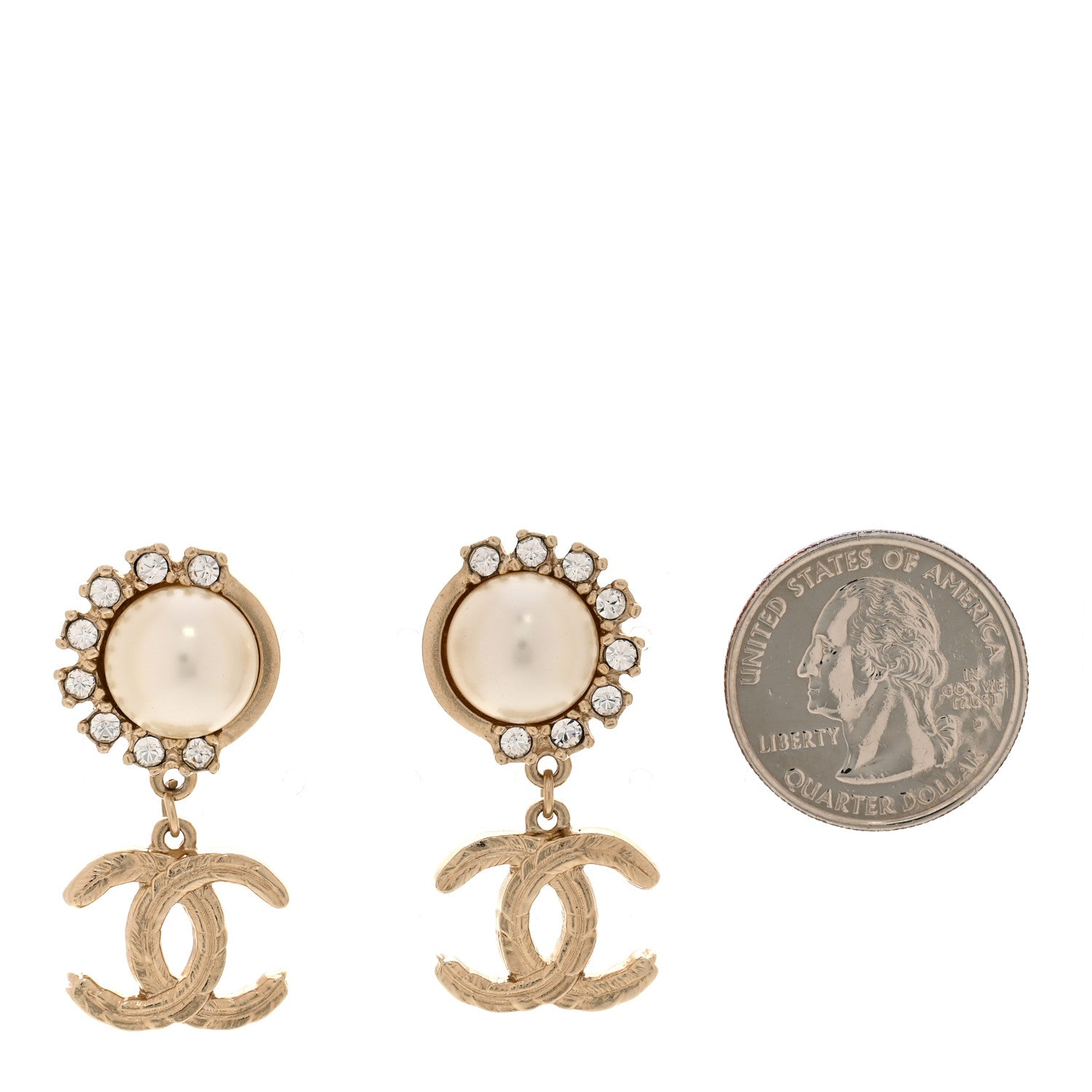 Chanel Metal Crystal Pearl CC Feather Earrings Gold 2 of 5