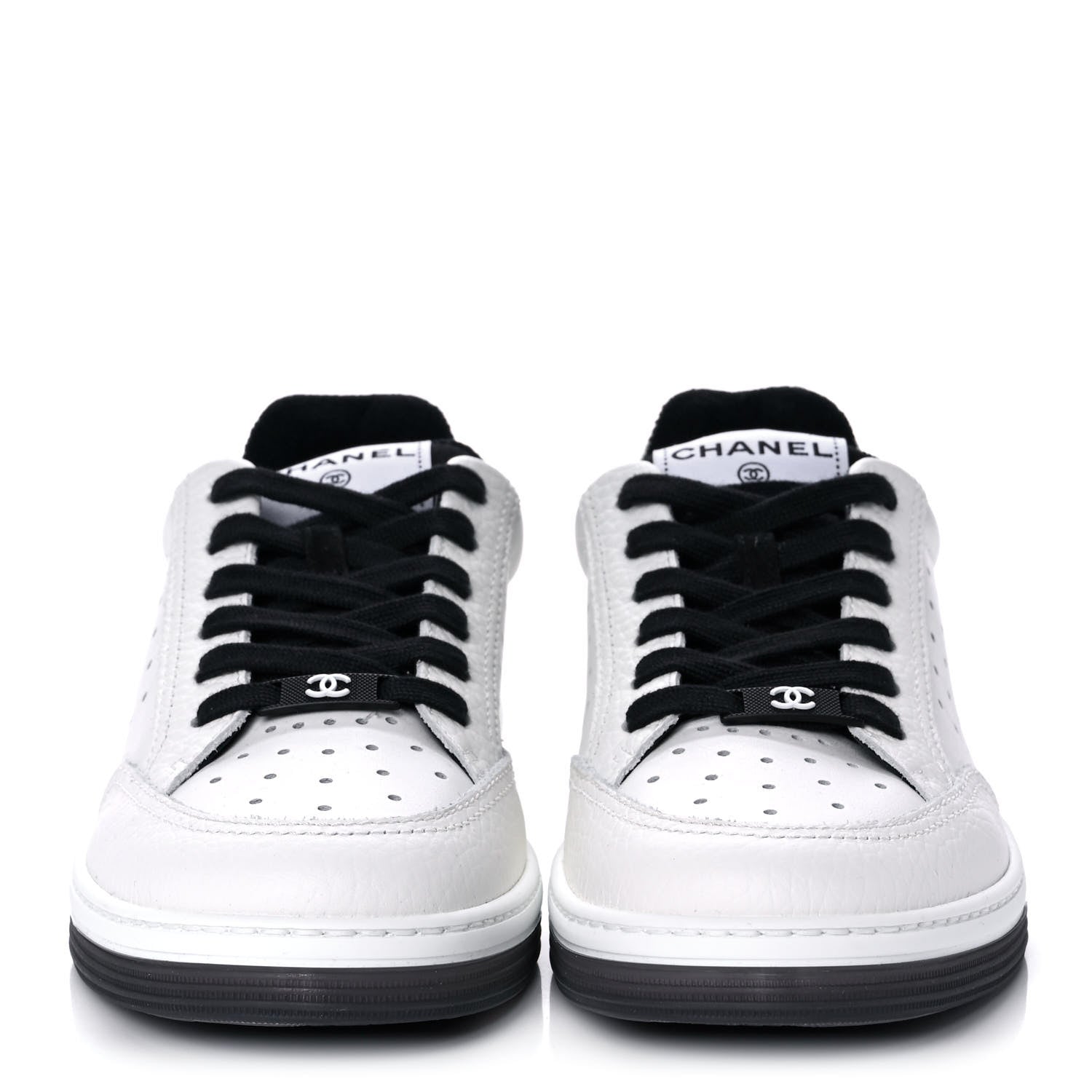 Chanel Grained Calfskin Fabric Womens Logo Sneakers 38 White Black 2 of 8