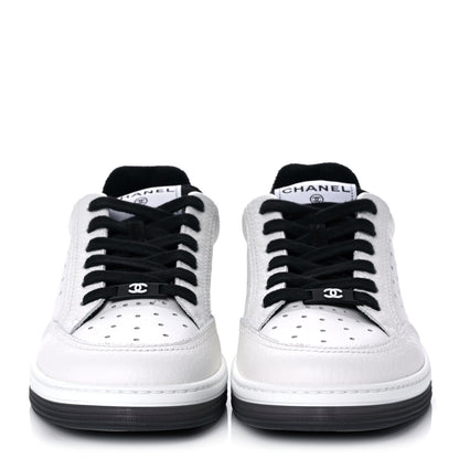 Chanel Grained Calfskin Fabric Womens Logo Sneakers 38 White Black 2 of 8