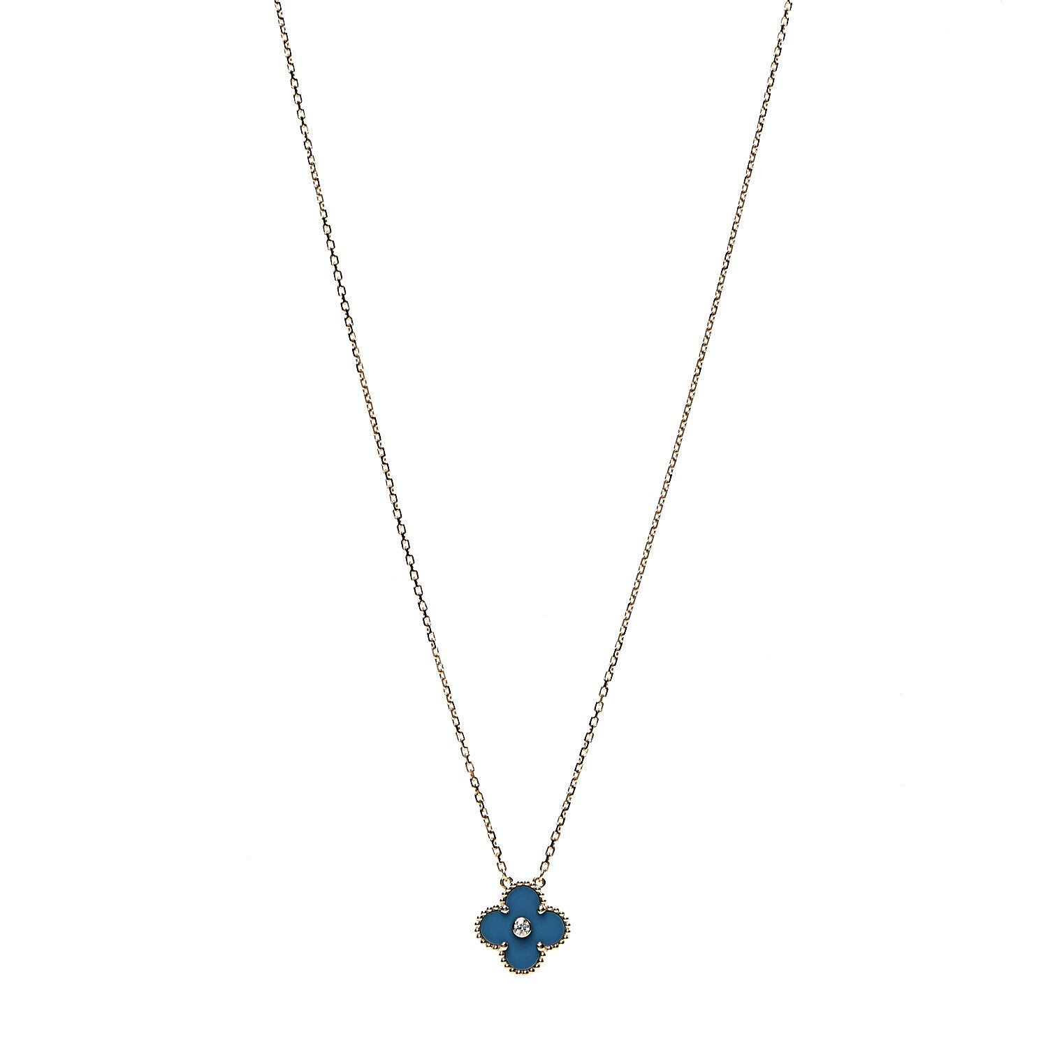 Van Cleef & Arpels 18K Yellow Gold Diamond Celestial Blue Sevres Porcelain Vintage Alhambra Pendant Necklace 1 of 7