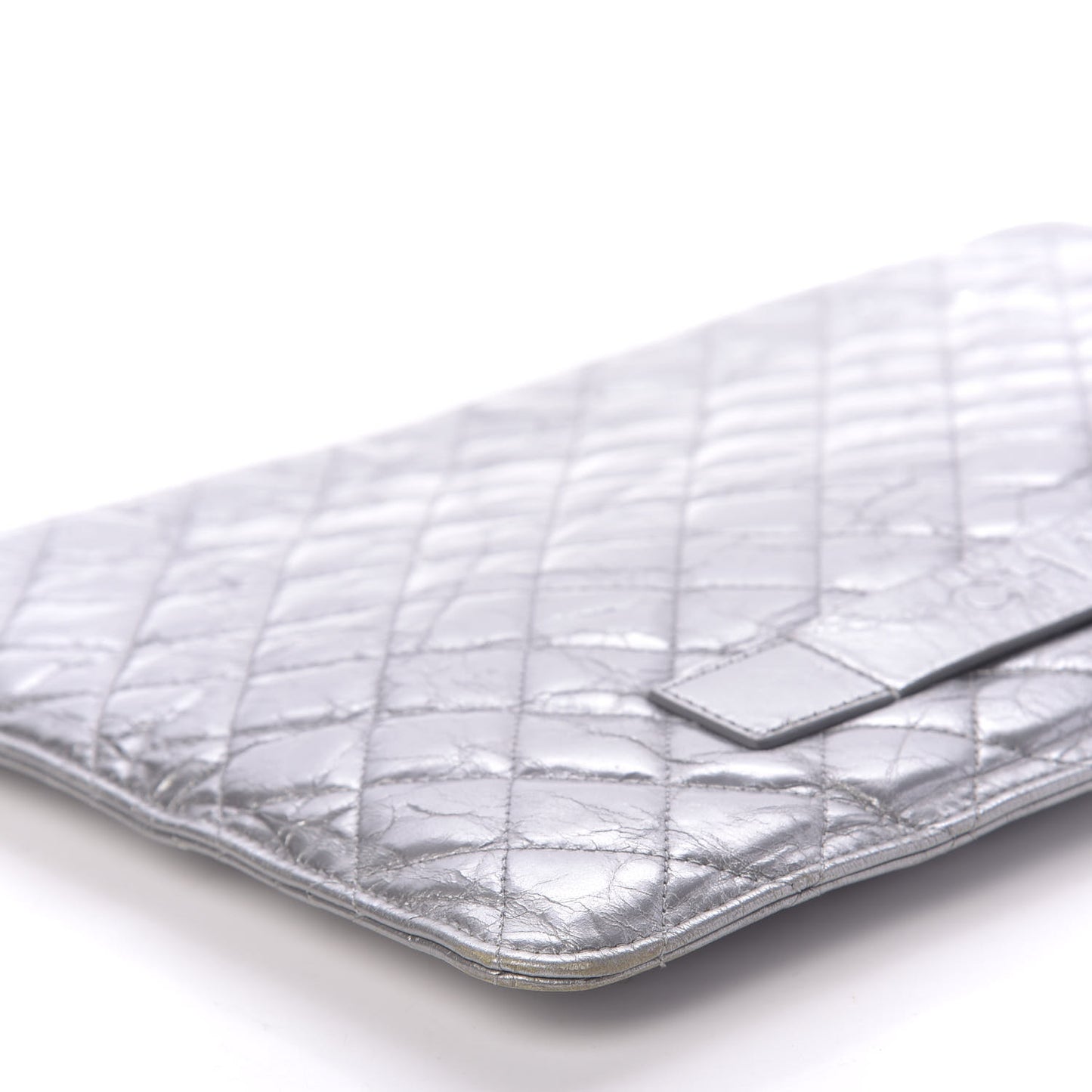 Metallic Crumpled Calfskin Quilted Large Slide Pouch Silver
