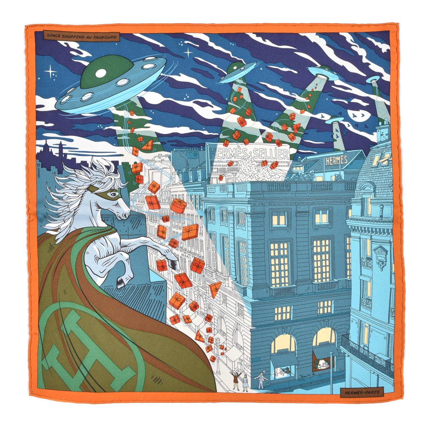 Hermes Silk Space Shopping Au Faubourg Pocket Square Scarf Bleu Orange Vert 1 of 6