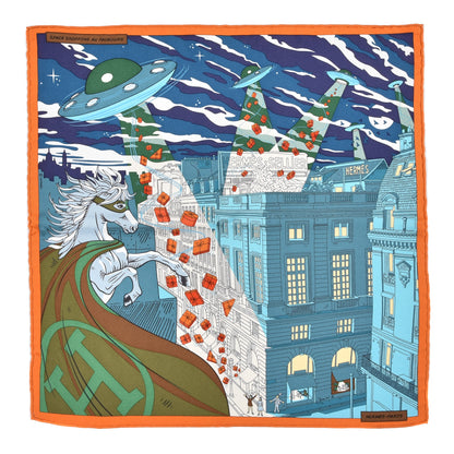 Hermes Silk Space Shopping Au Faubourg Pocket Square Scarf Bleu Orange Vert 1 of 6