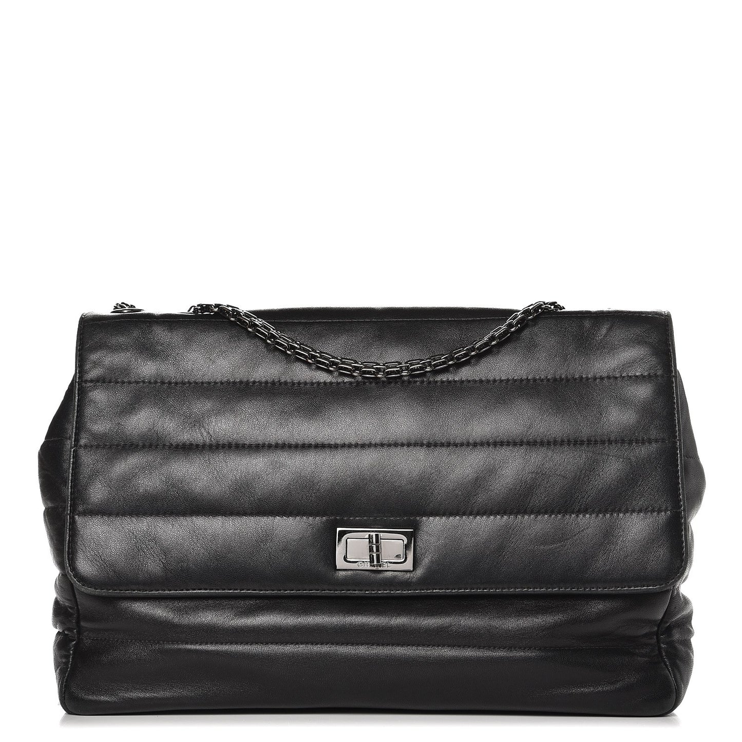 Lambskin Horizontal Quilt Jumbo Mademoiselle Flap Black