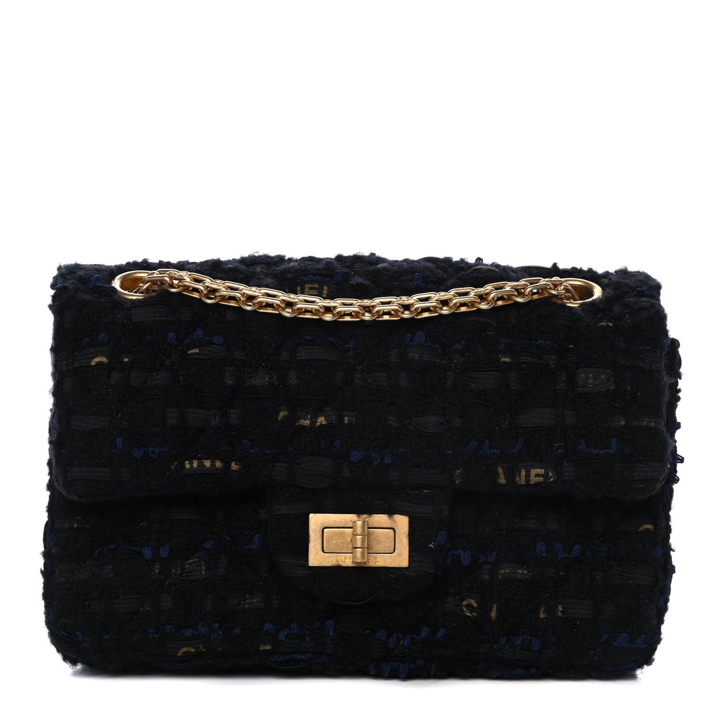 Tweed Quilted Mini 2.55 Reissue Flap Black Gold Navy