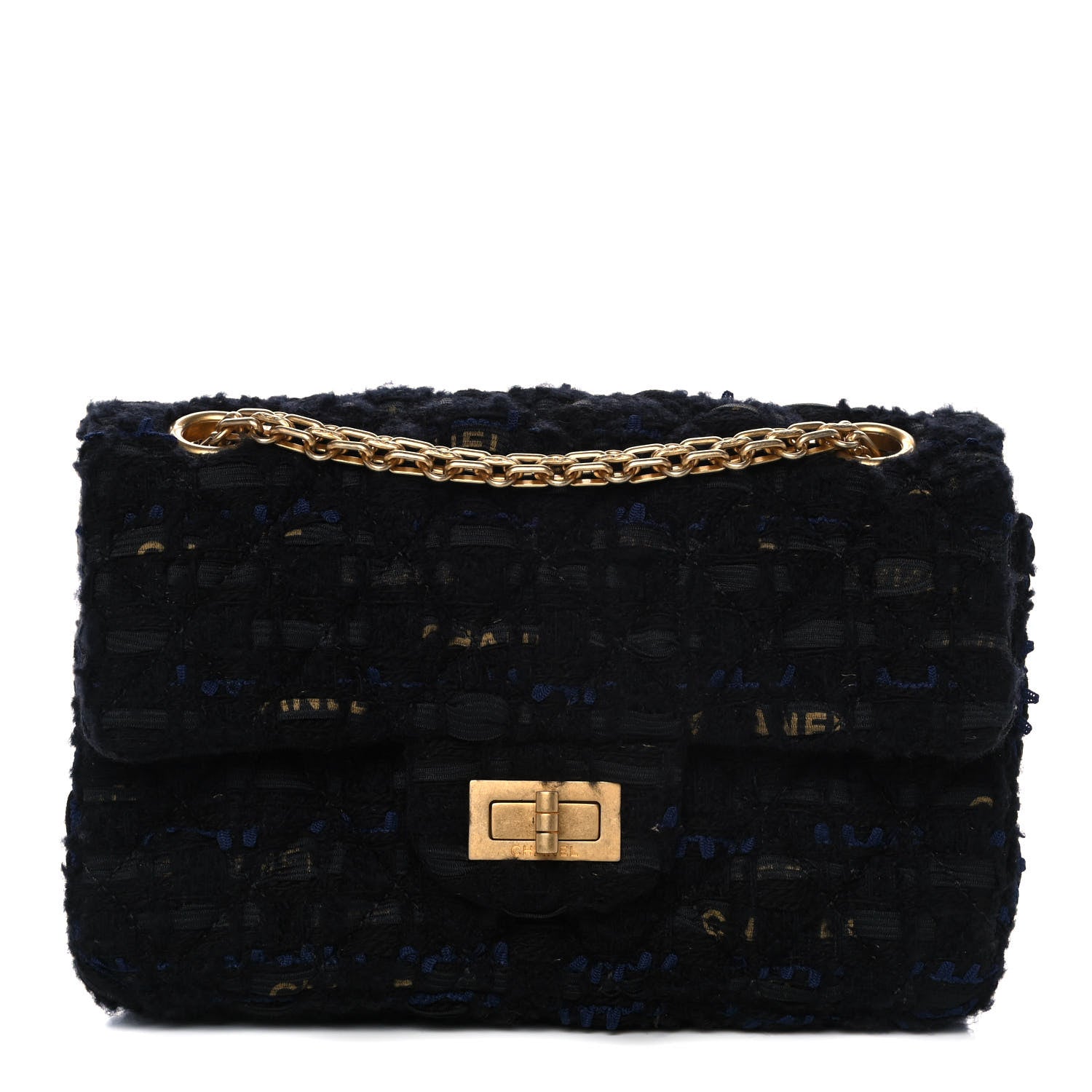 Chanel Tweed Quilted Mini 2.55 Reissue Flap Black Gold Navy 1 of 13