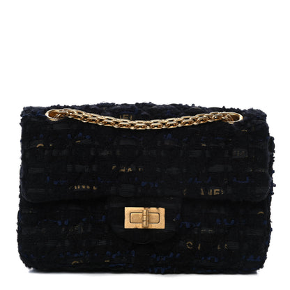 Chanel Tweed Quilted Mini 2.55 Reissue Flap Black Gold Navy 1 of 13