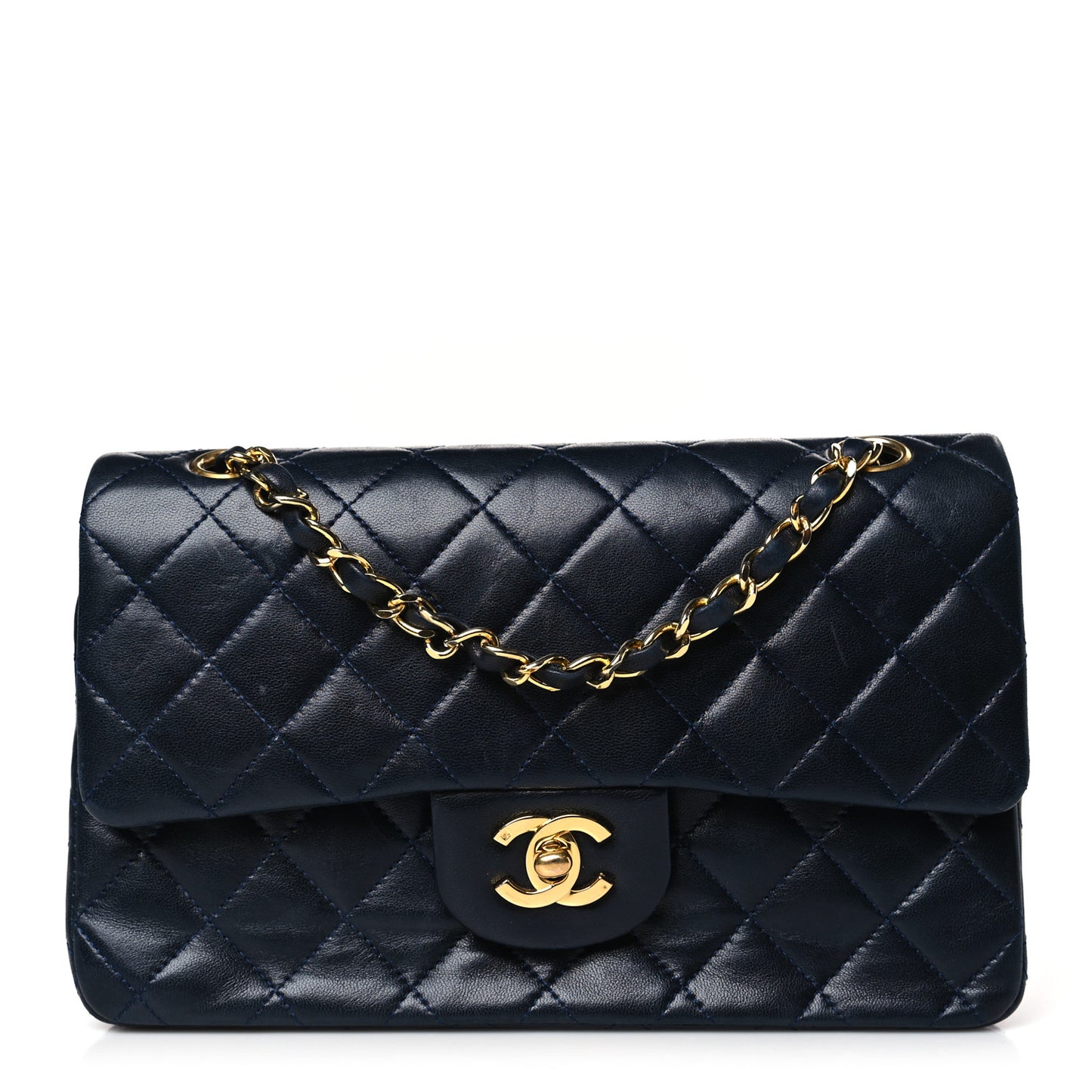 Lambskin Quilted Medium Double Flap Navy