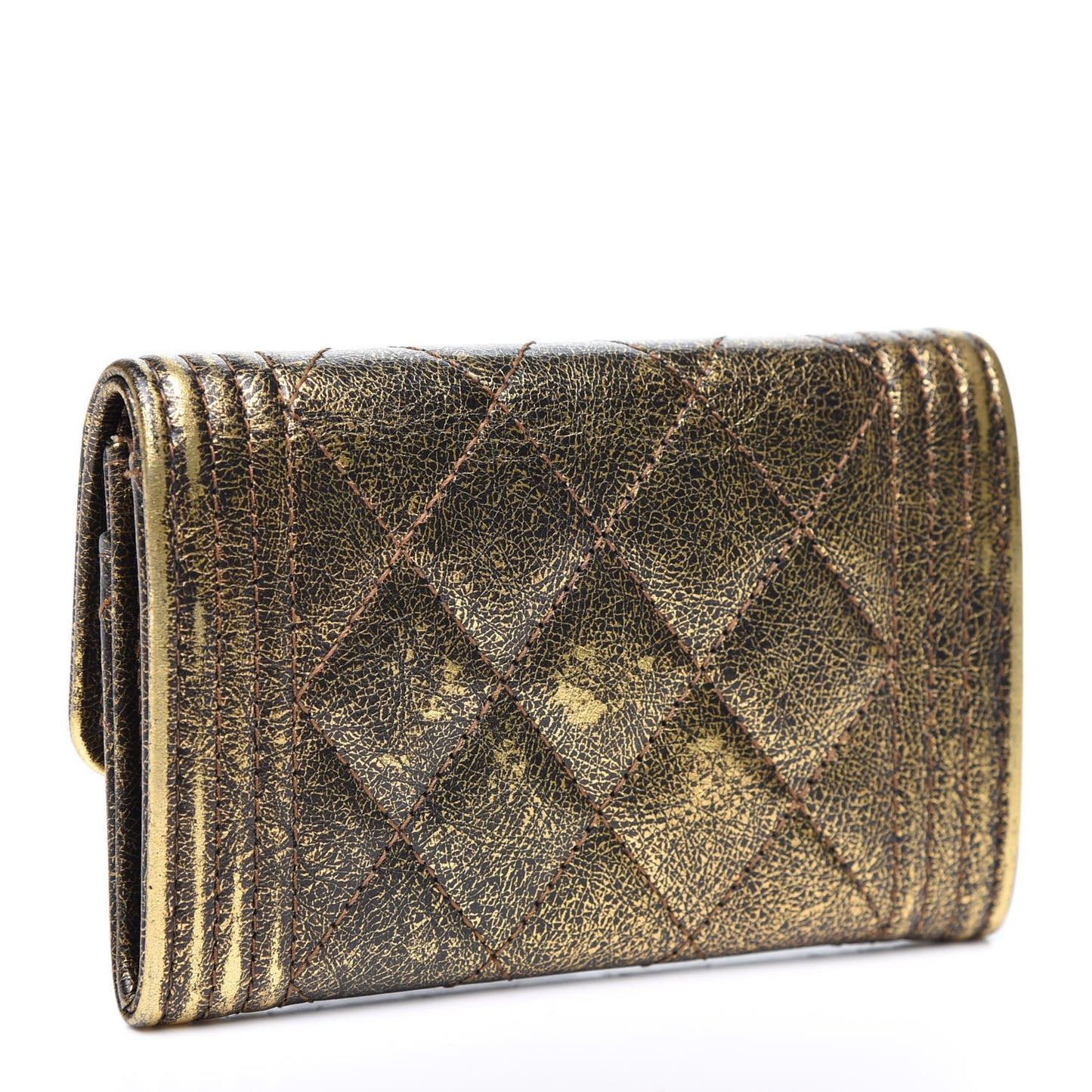 Cracked Metallic Calfskin Quilted Boy Flap Card Holder Wallet Gold