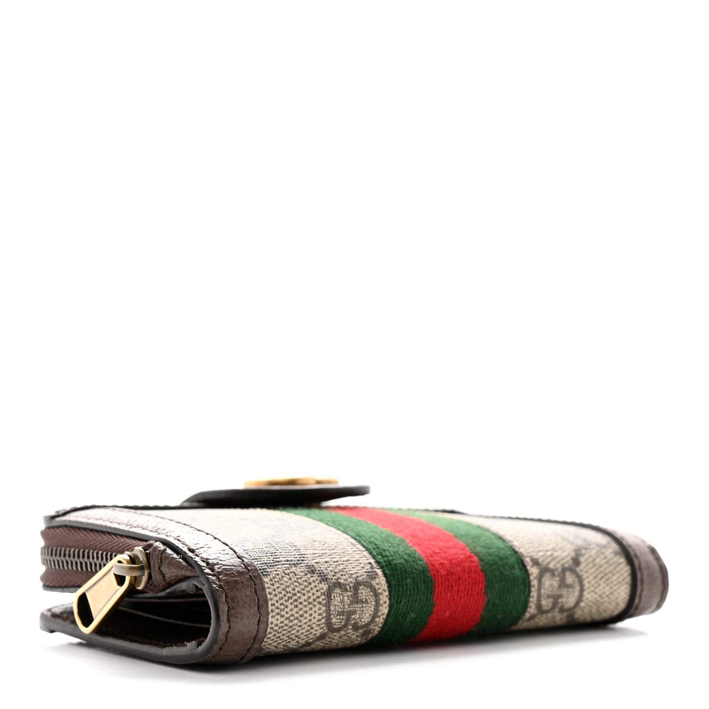 GG Supreme Monogram Textured Dollar Calfskin Web Ophidia Overlay Zip Around Card Case Wallet Beige Ebony New Acero