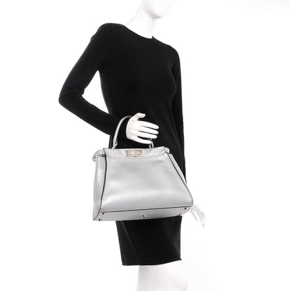 Fendi Cuoio Romano Lux Selleria Medium Peekaboo Iconic Satchel Argento 3 of 10