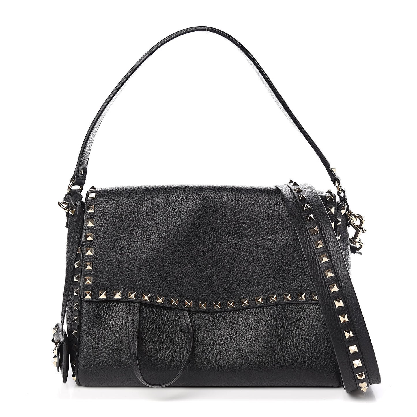 Pebbled Calfskin Rockstud Top Handle Shoulder Bag Black