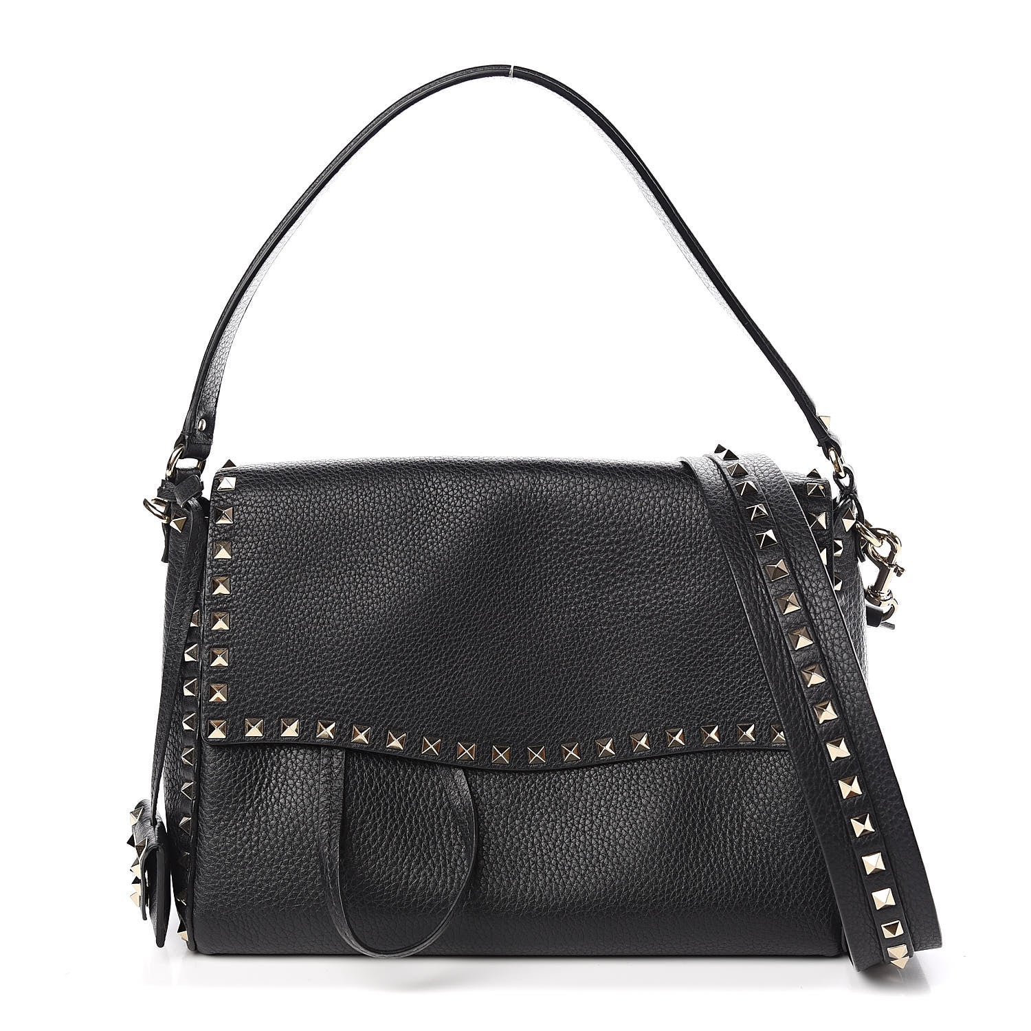 Valentino Garavani Pebbled Calfskin Rockstud Top Handle Shoulder Bag Black 1 of 9
