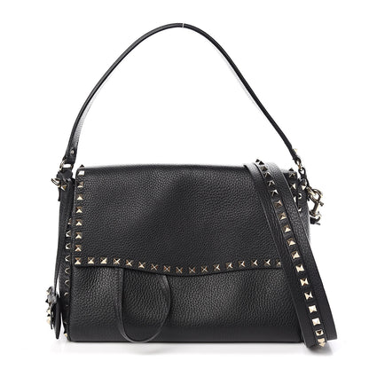 Valentino Garavani Pebbled Calfskin Rockstud Top Handle Shoulder Bag Black 1 of 9