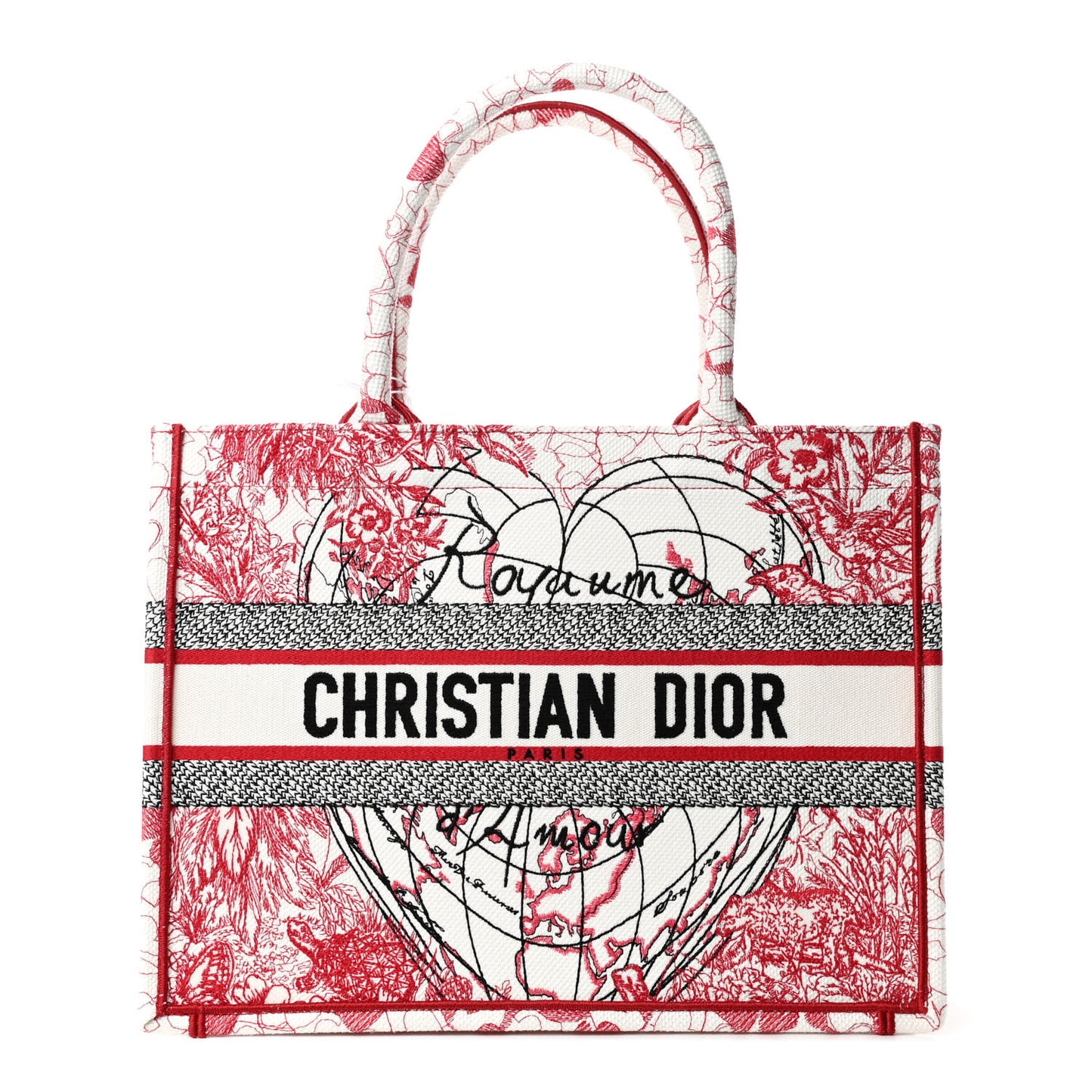 Canvas Embroidered Medium Dioramour D-Royaume Book Tote Red Multicolor