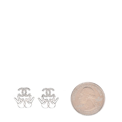 Chanel Crystal CC Peace Sign Emoji Earrings Silver 2 of 5