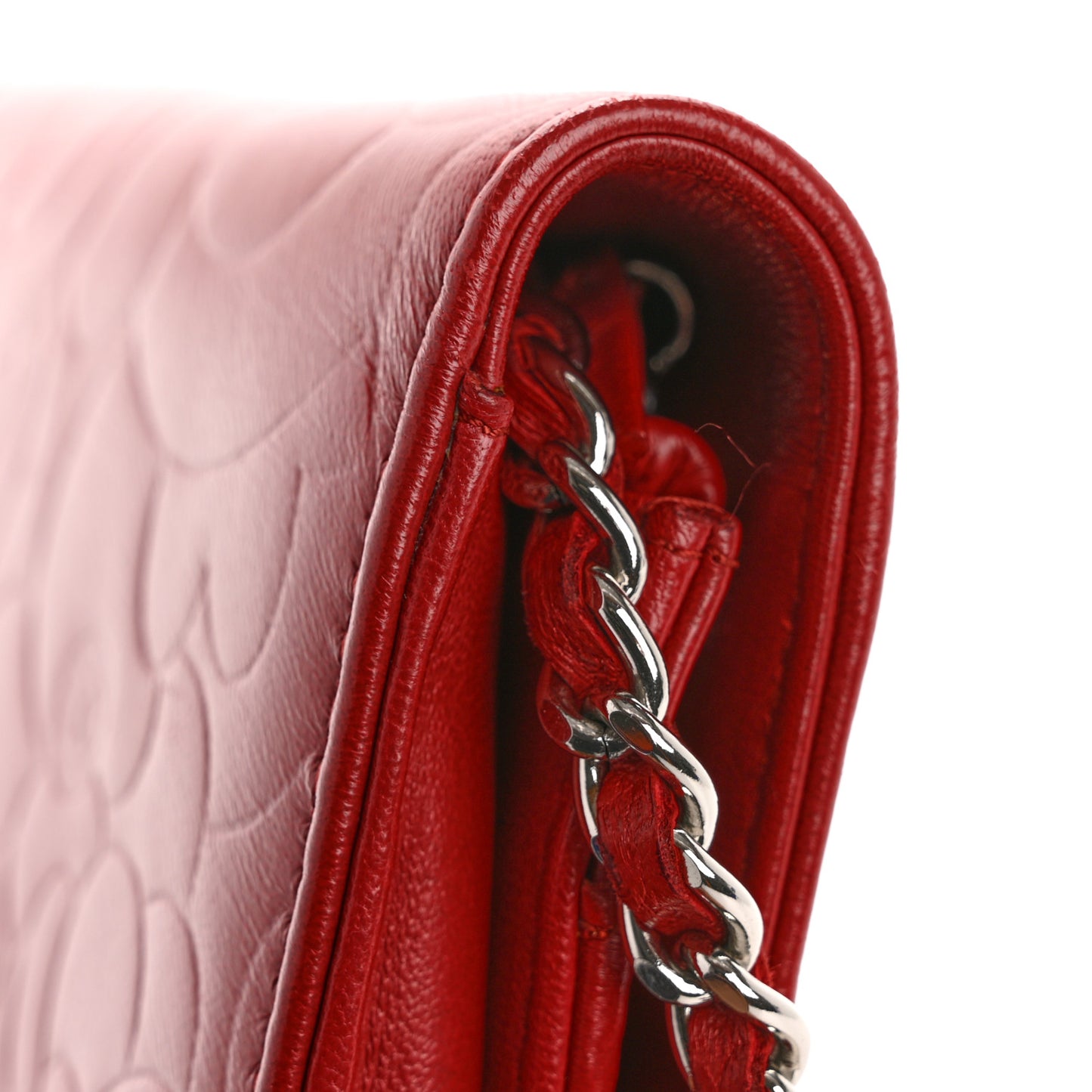 Lambskin Camellia Embossed Wallet on Chain WOC Red