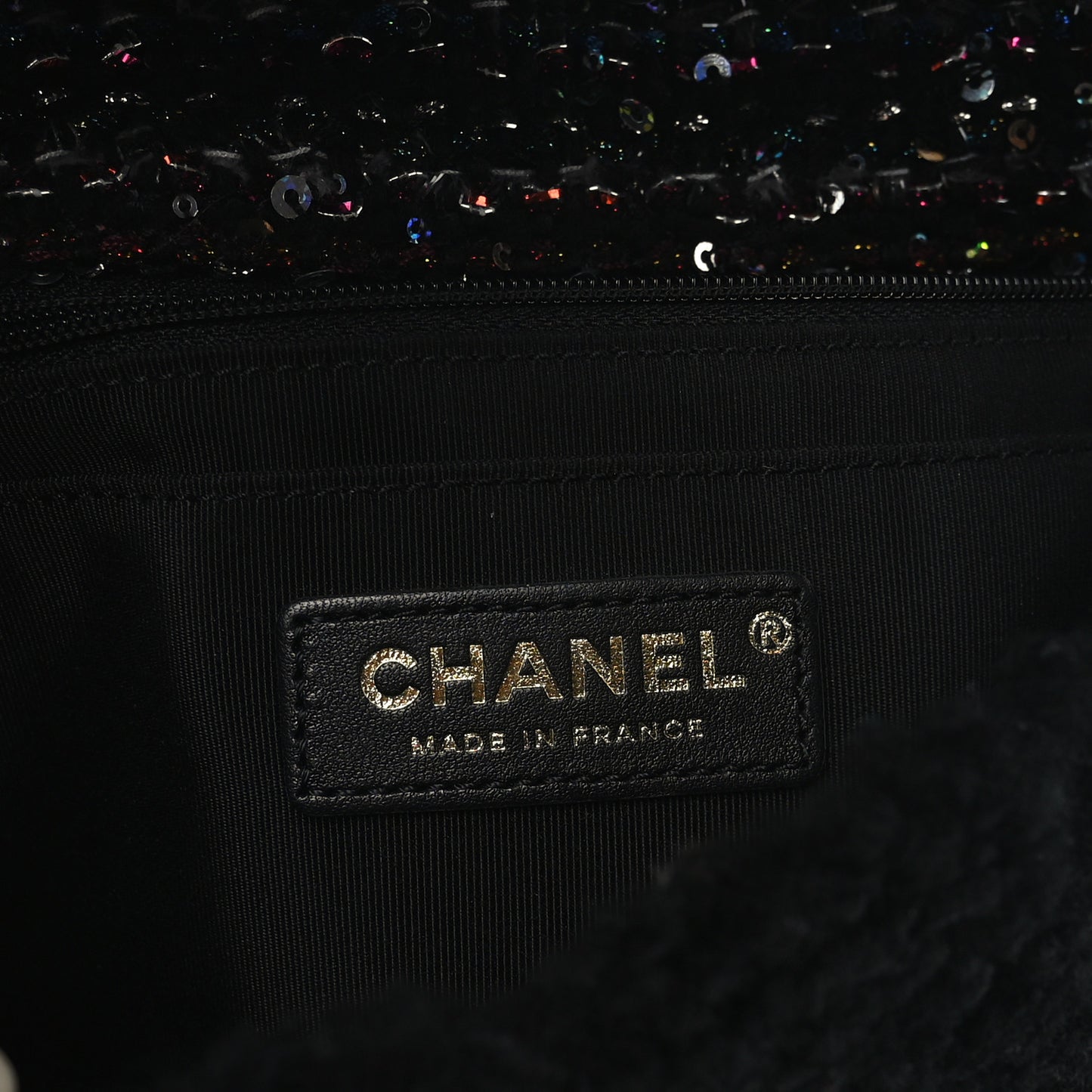 Shearling Sequin Tweed Quilted Single Flap Black