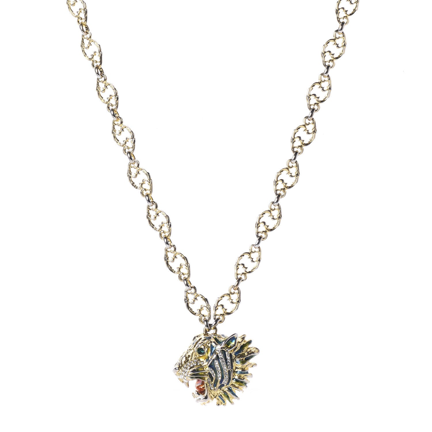 Gucci Metal Enamel Roaring Tiger Pendant Necklace Gold 1 of 6