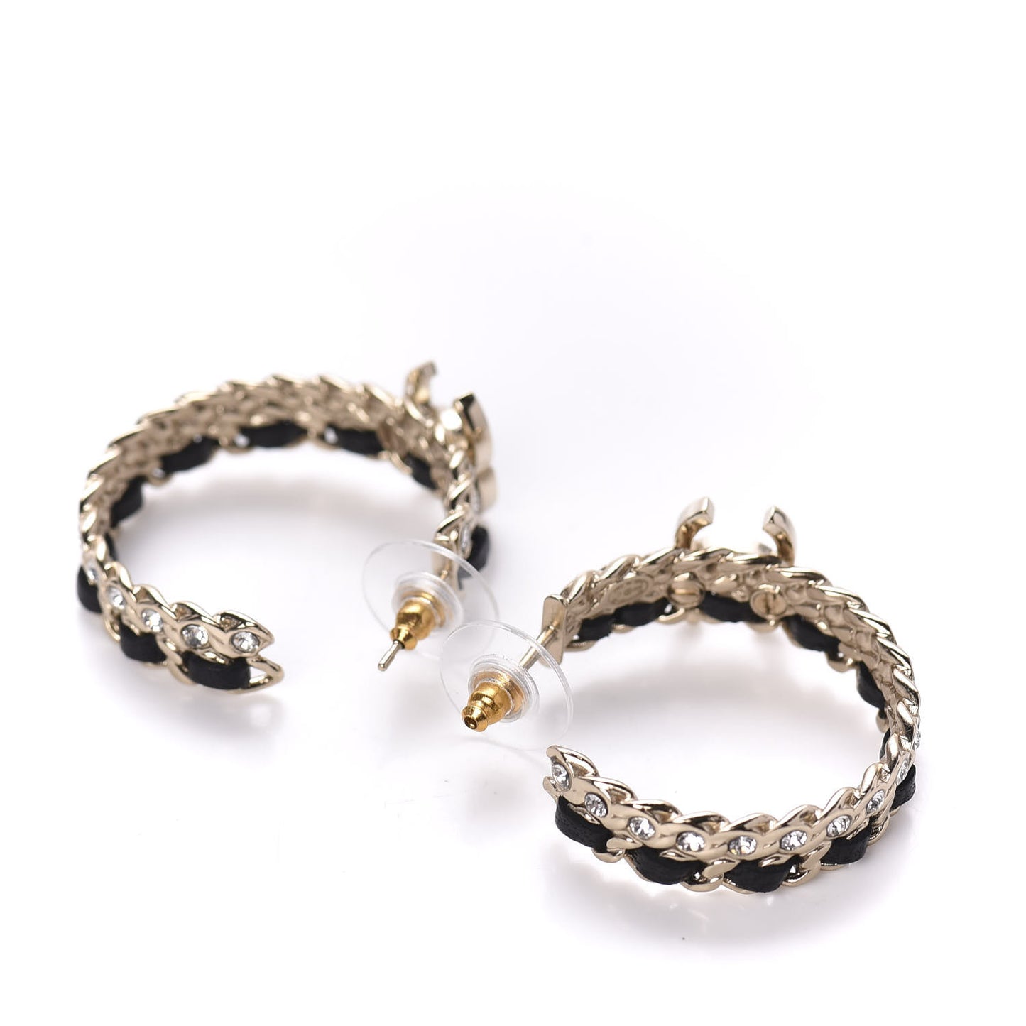 Crystal Lambskin CC Chain Hoop Earrings Gold Black