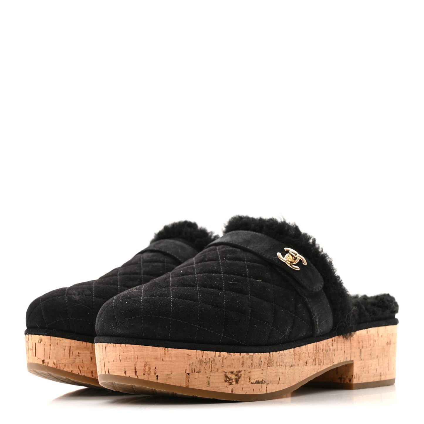 Suede Calfskin Shearling Turn Lock Clogs 41 Black