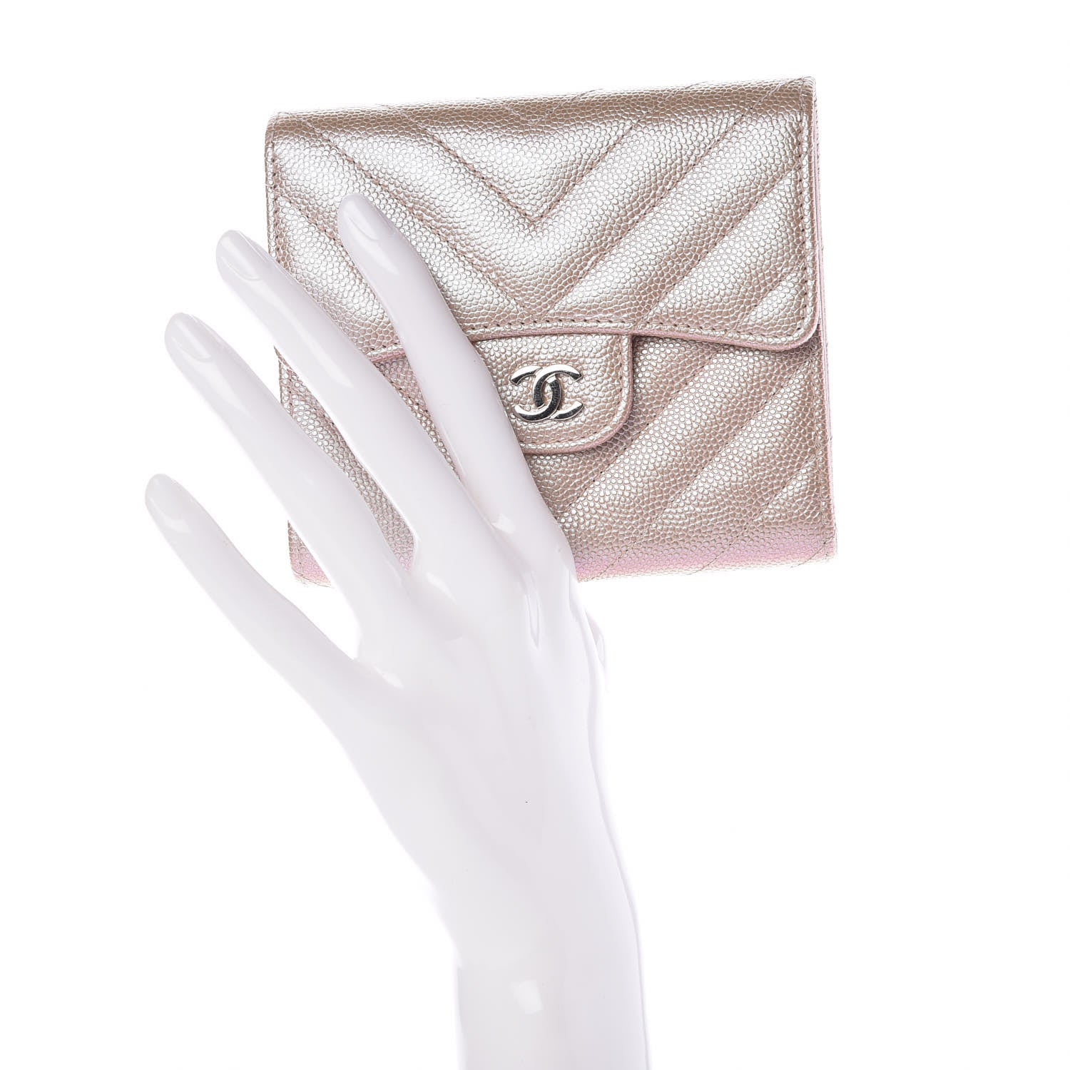 Chanel Metallic Caviar Chevron Quilted Compact Flap Wallet Light Gold 2 of 9