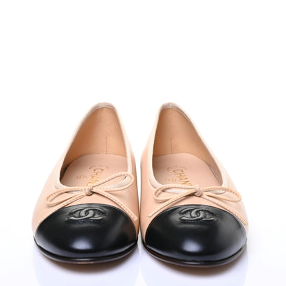 Chanel Lambskin Cap Toe CC Ballerina Flats 39 Beige Black 2 of 10