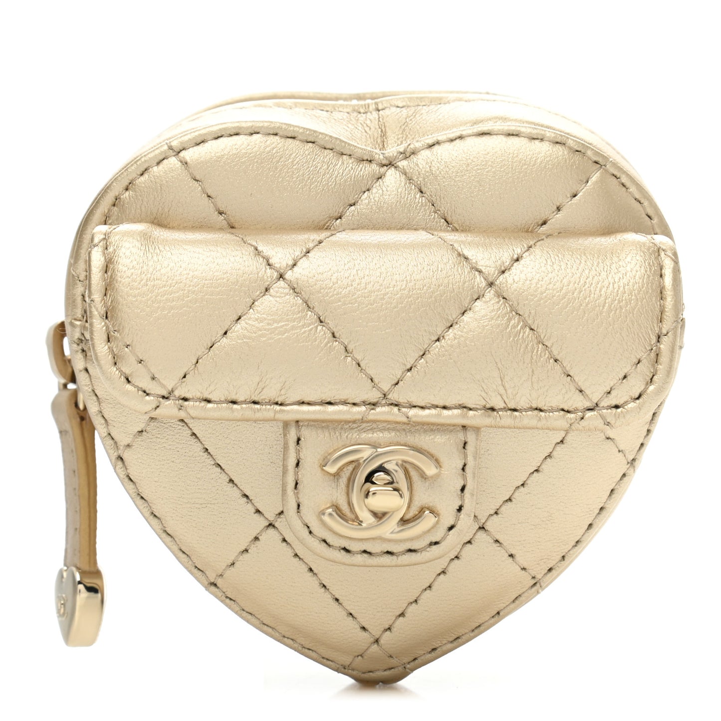 Metallic Lambskin Quilted CC In Love Heart Zipped Arm Coin Purse Gold
