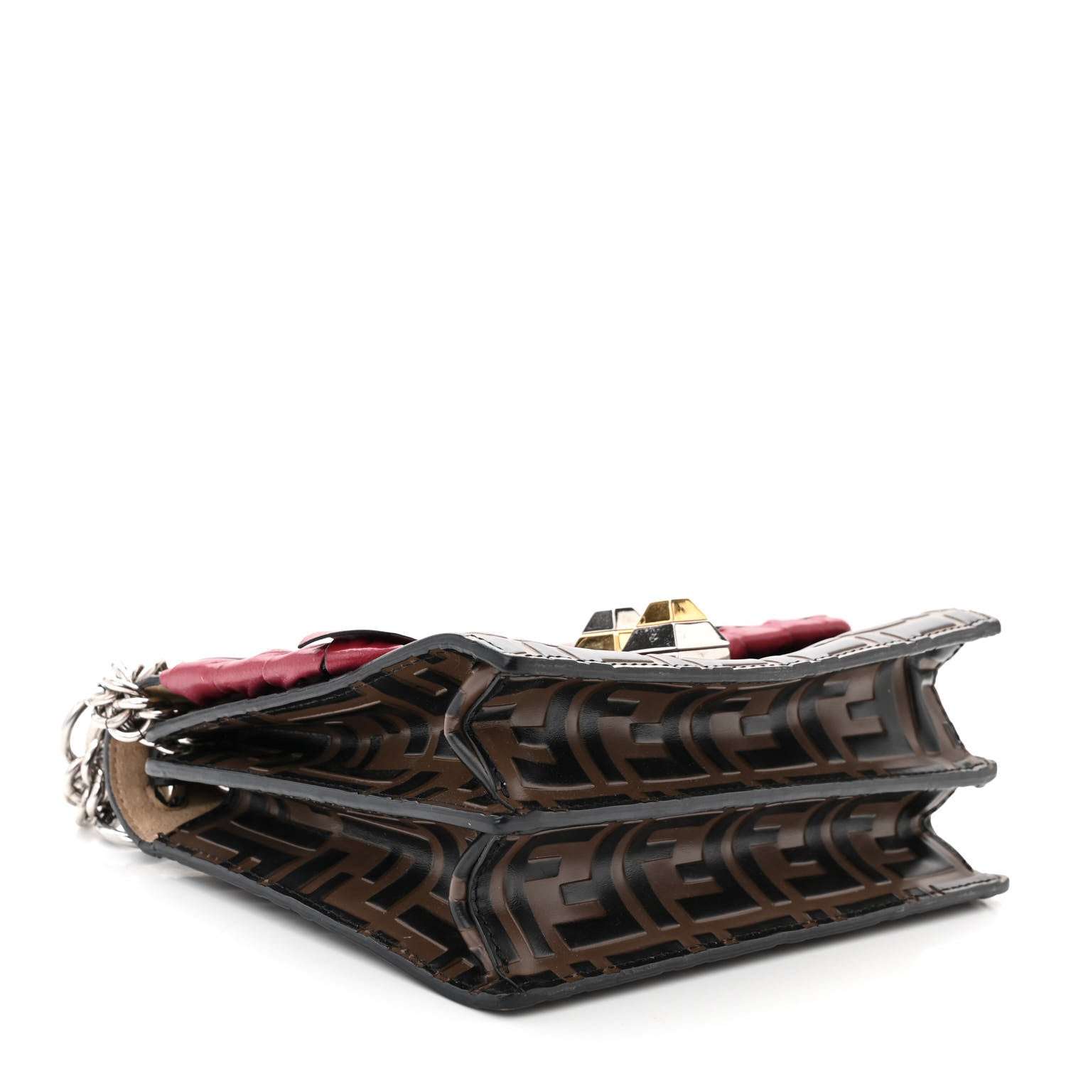 Fendi Vitello Shiny Nappa Bi-Color FF 1974 Lace Up Bow Embossed Small Kan I Shoulder Bag Maya Black Fragola 4 of 11