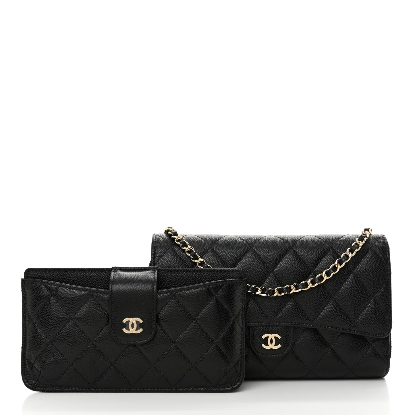 Caviar Quilted Phone Holder Wallet on Removable Chain Black