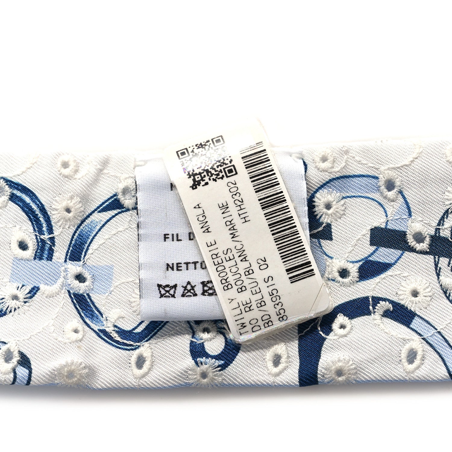 Hermes Silk Embroidered Do Re Boucles Broderie Anglaise Twilly Bleu White Marine 3 of 3