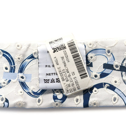 Hermes Silk Embroidered Do Re Boucles Broderie Anglaise Twilly Bleu White Marine 3 of 3
