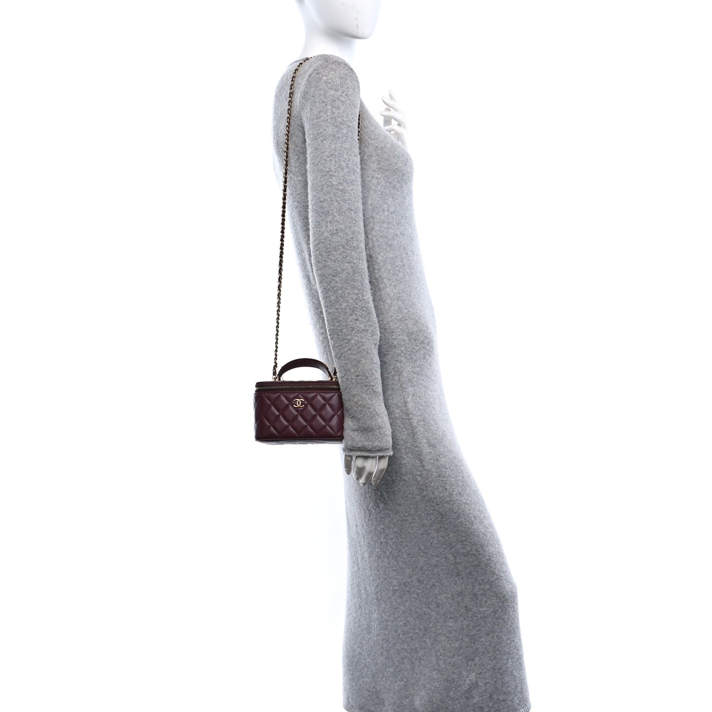 Lambskin Quilted Metal Small Top Handle Vanity Case With Chain Burgundy
