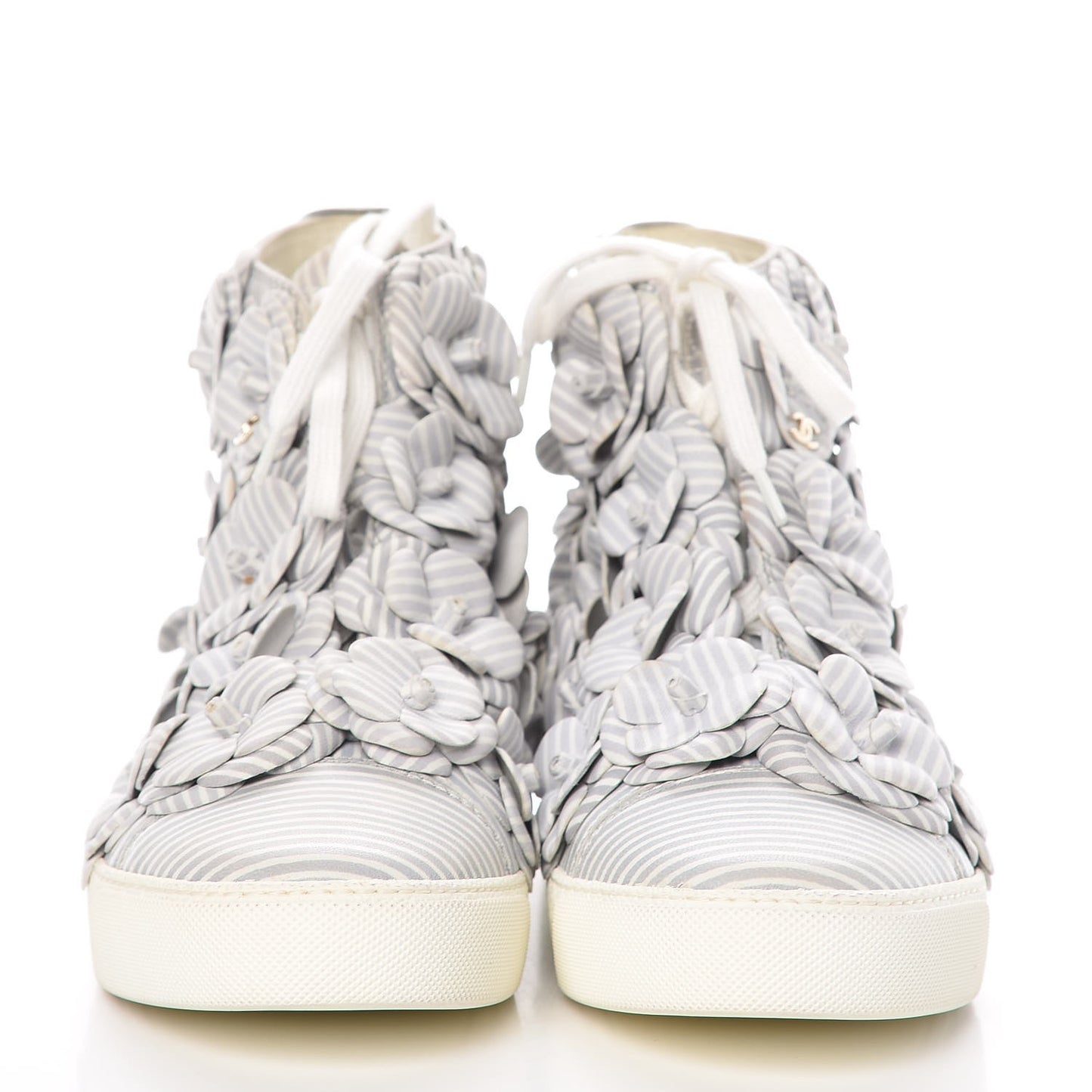 Lambskin Striped Camellia High Top Sneakers 39 Grey