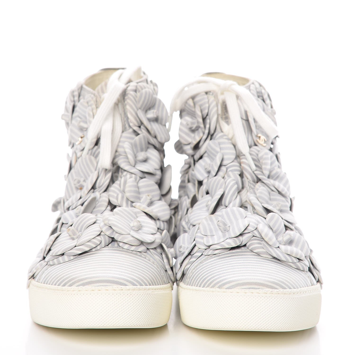 Chanel Lambskin Striped Camellia High Top Sneakers 39 Grey 2 of 7