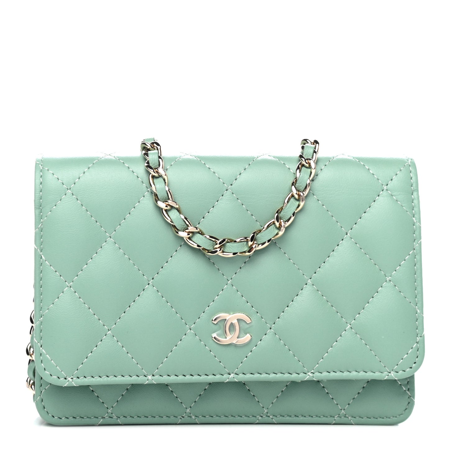 Lambskin Quilted Mini Wallet On Chain WOC Light Green
