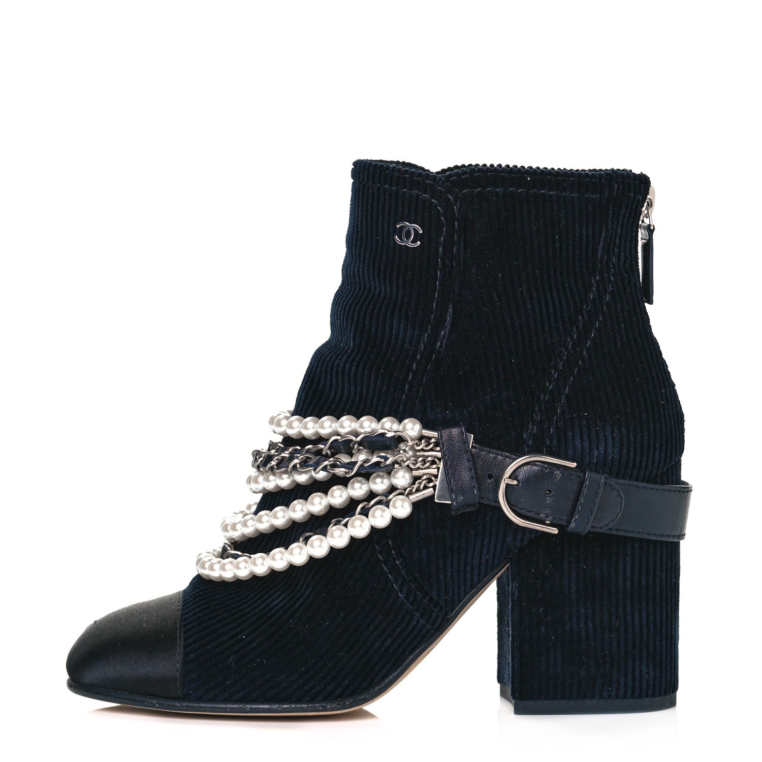 Chanel Velvet Satin Cap Cap Toe Short Boots 37 Navy Black 1 of 7