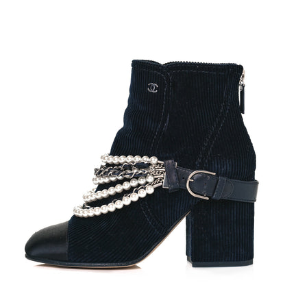 Chanel Velvet Satin Cap Cap Toe Short Boots 37 Navy Black 1 of 7
