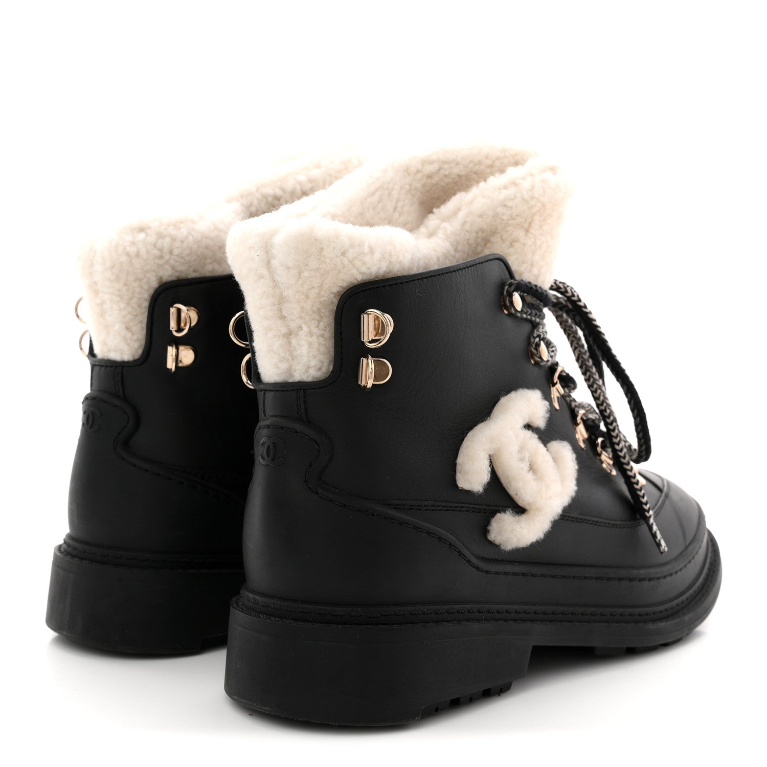 Chanel Calfskin Shearling CC Lace Up Boots 38.5 Black 5 of 9