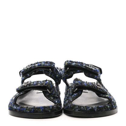 Chanel Iridescent Tweed Velcro Dad Sandals 37 Navy Blue Multicolor 2 of 11