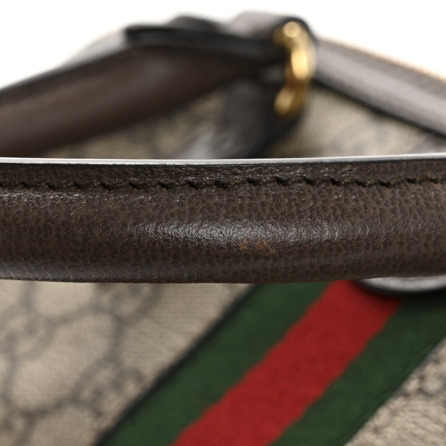 GG Supreme Monogram Textured Dollar Calfskin Web Mini Ophidia Top Handle Bag Beige Dark Brown