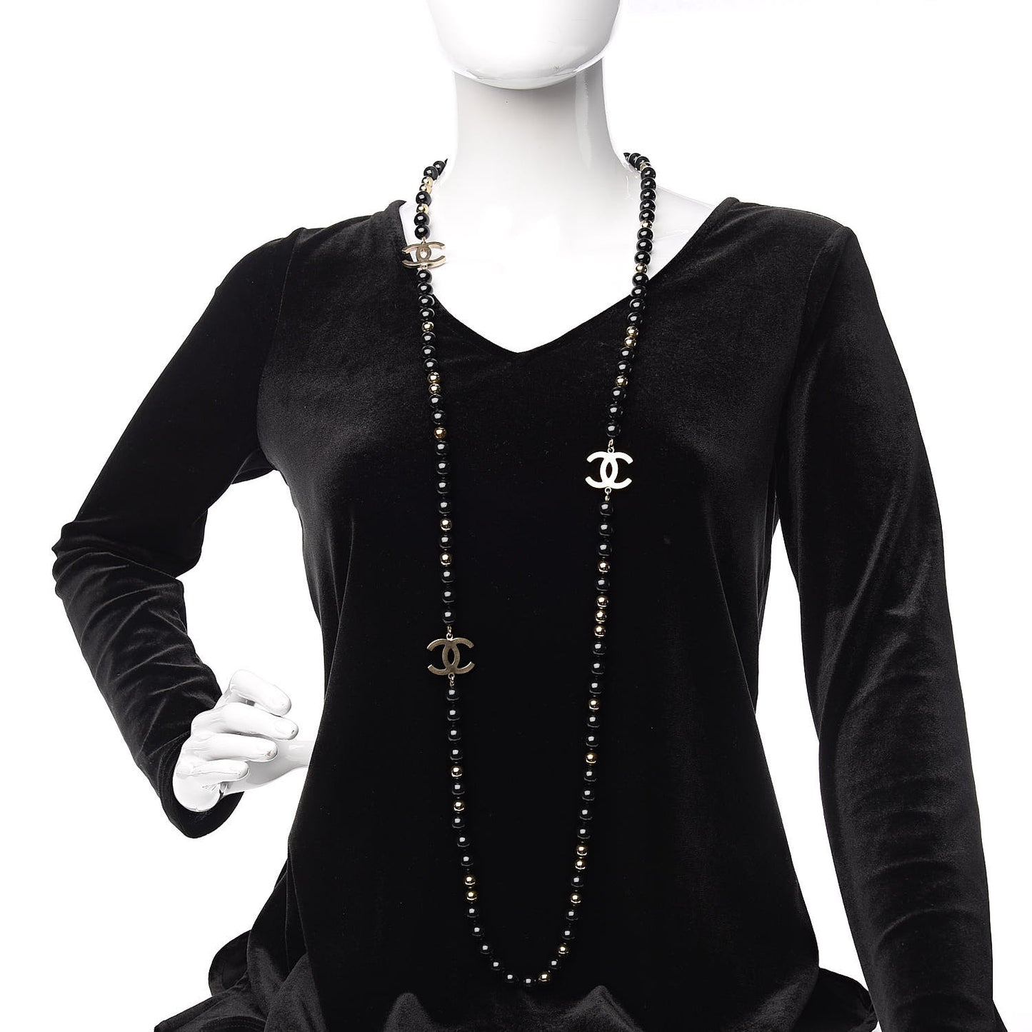 Beaded CC Long Necklace Black Gold