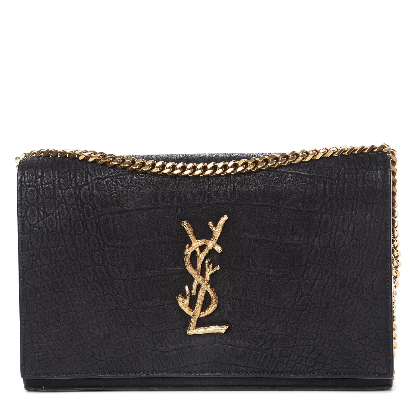 Crocodile Embossed Nubuck Monogram Chain Wallet in Black