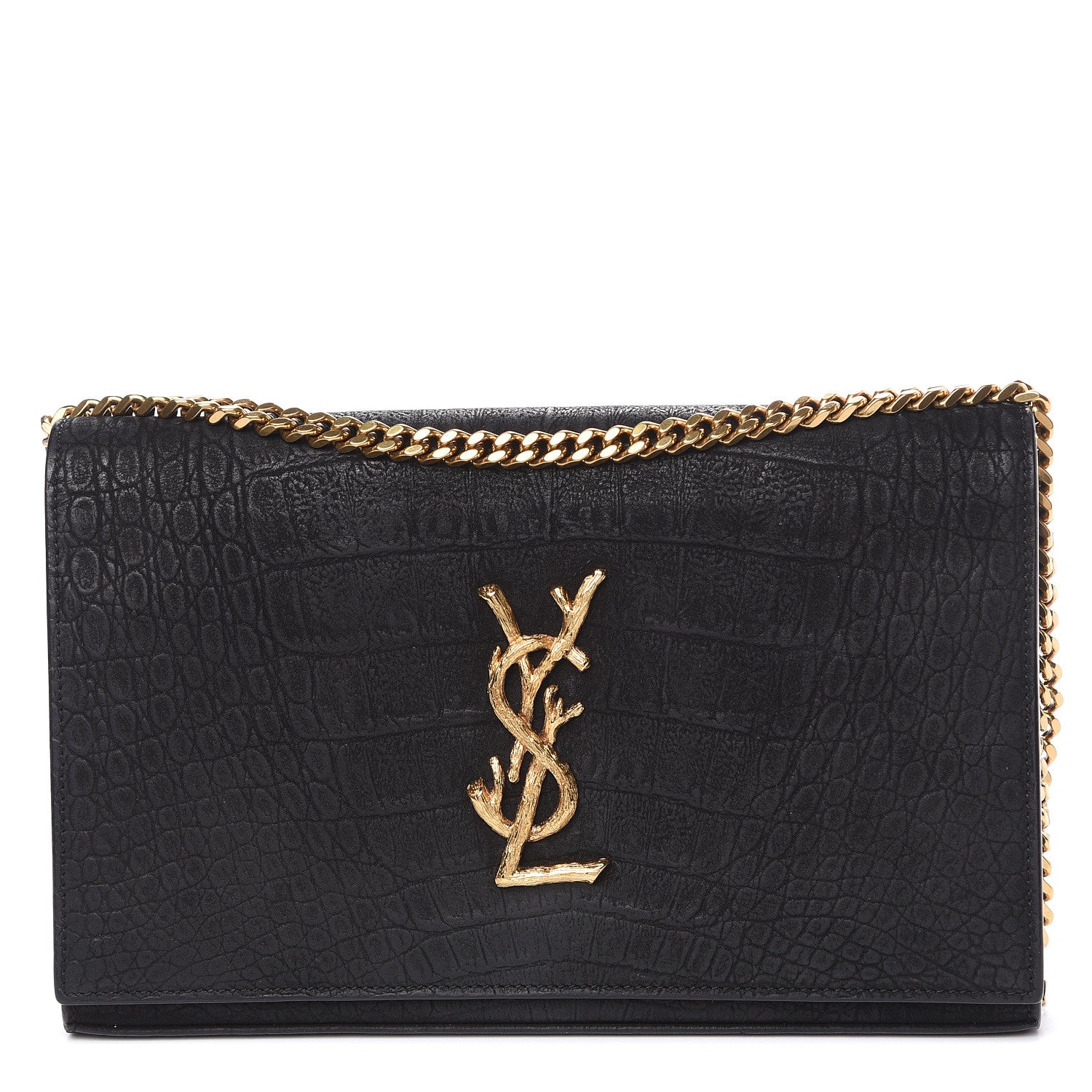 Saint Laurent Crocodile Embossed Nubuck Monogram Chain Wallet in Black 1 of 12