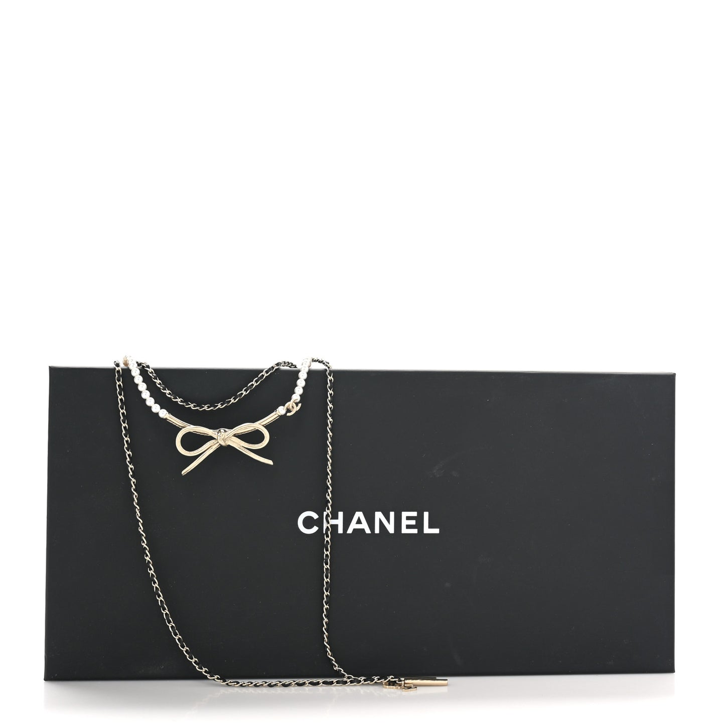 Calfskin Pearl Metal CC Bow Necklace Gold White Black