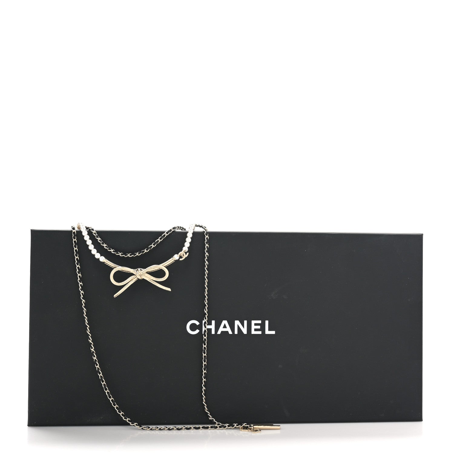 Chanel Calfskin Pearl Metal CC Bow Necklace Gold White Black 5 of 5