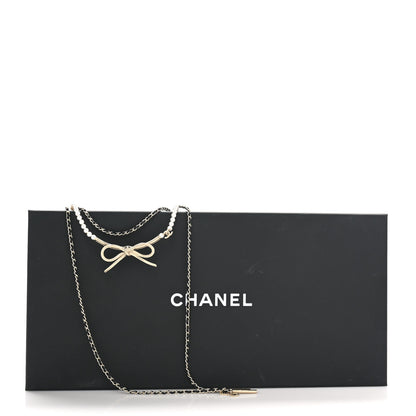 Chanel Calfskin Pearl Metal CC Bow Necklace Gold White Black 5 of 5