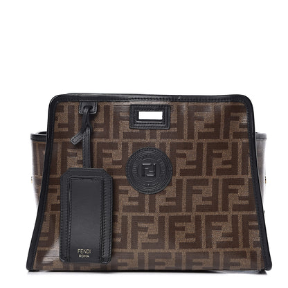 Fendi Glazed Fabric Vitello Century FF 1974 Stamp Patch Mini Peekaboo Defender Cover Mogano Panna Black 1 of 8